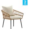 Flash Furniture Evin Set of 2 Boho Indoor/Outdoor Patio Chairs – Natural Finish Faux Rattan Wicker – Cream All-Weather Cushions – Integrated Armrests
