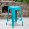 Flash Furniture Kai Commercial Grade 24″ High Backless Black Metal Indoor-Outdoor Counter Height Stool with Square Seat(Crystal Teal-blue)