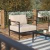 Flash Furniture Lea Indoor/Outdoor Patio Chair with Cushions – Modern Aluminum Framed Chair with Teak Accented Arms, Black with Charcoal Cushions(Beige)