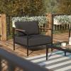 Flash Furniture Lea Indoor/Outdoor Patio Chair with Cushions – Modern Aluminum Framed Chair with Teak Accented Arms, Black with Charcoal Cushions(Charcoal)