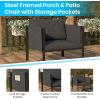 Flash Furniture Lea Indoor/Outdoor Patio Chair with Cushions – Modern Steel Framed Chair with Storage Pockets, Black with Beige Cushions(Charcoal)