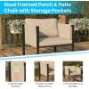 Flash Furniture Lea Indoor/Outdoor Patio Chair with Cushions – Modern Steel Framed Chair with Storage Pockets, Black with Beige Cushions(Light Gray)