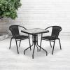 Flash Furniture Lila 23.5” Square Glass Metal Table with 2 Black Rattan Stack Chairs