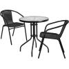 Flash Furniture Lila 23.75” Round Glass Metal Table with 2 Black Rattan Stack Chairs