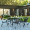 Flash Furniture Lila 7-Piece Glass Patio Table and Chairs Set, Outdoor Patio Dining Set with Rectangular Table and 6 Slat Back Patio Chairs, Black(7 Piece Set)