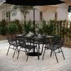 Flash Furniture Lila Commercial 7-Piece Outdoor Dining Set, Tempered Glass Patio Table with Umbrella Hole, 6 Triple Slat Chairs, 60″, Black