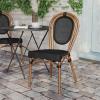 Flash Furniture Marseille Indoor/Outdoor Commercial Bistro Stack Chair – Black Textilene Back and Seat – Natural Bamboo Print Metal Frame(Black/Natural Frame)