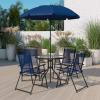 Flash Furniture Nantucket 6 Piece Red Patio Garden Set with Table, Umbrella and 4 Folding Chairs(Navy)