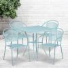 Flash Furniture Oia 5-Piece Commercial Grade Steel Patio Table and Chairs Set, Outdoor Dining Set with Square Table and 4 Round Back Chairs, Black(Sky Blue)