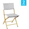 Flash Furniture Rouen Commercial Grade Folding Bistro Chairs, Indoor/Outdoor PE Rattan Back and Seat, Black Steel Frames, Set of 2, Black/White(Navy/White)