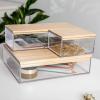 Martha Stewart Brody Plastic Storage Organizer Bins with Engineered Wood Lids for Home Office,-Kitchen, or-Bathroom, 3 Pack, 2-Small/1-Medium, Clear/White(Clear/Light Natural)