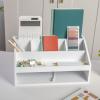 Martha Stewart Weston Wooden Desktop Organizer with Open Lower Storage Compartment, Paulownia Wood Multipurpose Storage Caddy, Light Natural(White)