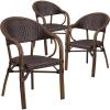 Flash Furniture 3 Pack Milano Series Bark Brown Rattan Restaurant Patio Chair with Bamboo-Aluminum Frame(Bark Brown Rattan/Red Bamboo-aluminum Frame)