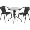 Flash Furniture 3-Piece Patio Dining Set with Round Glass Metal Table and 2 Stackable Rattan Chairs, Indoor/Outdoor Bistro Table and Chairs Set, Gray(Clear/Black)