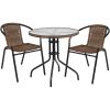 Flash Furniture 3-Piece Patio Dining Set with Round Glass Metal Table and 2 Stackable Rattan Chairs, Indoor/Outdoor Bistro Table and Chairs Set, Gray(Clear/Dark Brown)