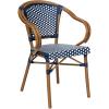 Flash Furniture Bordeaux Indoor/Outdoor Commercial Bistro Stack Chair – Curved Arms – Navy/White PE Rattan Back and Seat – Natural Bamboo Print Metal Frame(Navy & White/Natural Frame)