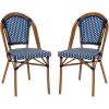 Flash Furniture Bordeaux Set of 2 Indoor/Outdoor Commercial Bistro Stack Chairs – Black/White PE Rattan Back and Seat – Natural Bamboo Print Aluminum Frame(Navy & White/Natural Frame)