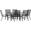 Flash Furniture Brazos Series 7-Piece Glass Patio Table and Chairs Set, Outdoor Dining Set with Table with Umbrella Hole, 6 Sling Patio Chairs, Black(Black)