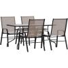 Flash Furniture Brazos Series 7-Piece Glass Patio Table and Chairs Set, Outdoor Dining Set with Table with Umbrella Hole, 6 Sling Patio Chairs, Black(Brown)