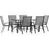 Flash Furniture Brazos Series 7-Piece Glass Patio Table and Chairs Set, Outdoor Dining Set with Table with Umbrella Hole, 6 Sling Patio Chairs, Black(Grey)