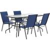 Flash Furniture Brazos Series 7-Piece Glass Patio Table and Chairs Set, Outdoor Dining Set with Table with Umbrella Hole, 6 Sling Patio Chairs, Black(Navy)