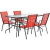 Flash Furniture Brazos Series 7-Piece Glass Patio Table and Chairs Set, Outdoor Dining Set with Table with Umbrella Hole, 6 Sling Patio Chairs, Black(Red)