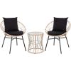 Flash Furniture Devon 3-Piece Indoor/Outdoor Bistro Set – Tan Finish Rattan Rope Papasan Style Chairs and Glass Top Side Table – Black Back and Seat Cushions