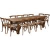 Flash Furniture Hercules Series 9′ x 40” Antique Rustic Folding Farm Table Set with 12 Cross Back Chairs and Cushions