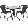 Flash Furniture Lila 23.5” Square Glass Metal Table with 2 Black Rattan Stack Chairs