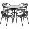 Flash Furniture TLH-072RD-017CBZ4-GG Lila 31.5” Round Glass Table with 4 Metal Aluminum Slat Stack Chairs, Bronze(Black)