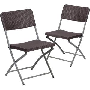 Flash Furniture 2 Pack HERCULES Series Brown Rattan Plastic Folding Chair with Gray Frame(Set of 2)