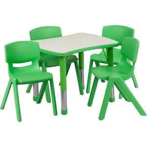 Flash Furniture 21.875”W x 26.625”L Rectangular Red Plastic Height Adjustable Activity Table Set with 4 Chairs(Green)
