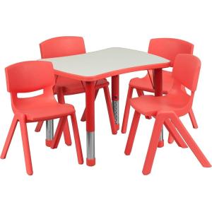 Flash Furniture 21.875”W x 26.625”L Rectangular Red Plastic Height Adjustable Activity Table Set with 4 Chairs(Red)