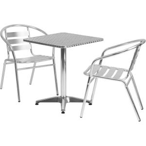 Flash Furniture 23.5” Square Aluminum Indoor-Outdoor Table Set with 2 Slat Back Chairs(Aluminum)