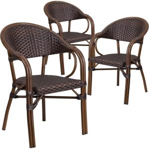 Flash Furniture 3 Pack Milano Series Bark Brown Rattan Restaurant Patio Chair with Bamboo-Aluminum Frame(Bark Brown Rattan/Red Bamboo-aluminum Frame)