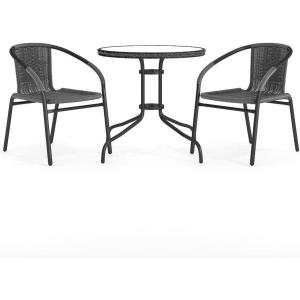 Flash Furniture 3-Piece Patio Dining Set with Round Glass Metal Table and 2 Stackable Rattan Chairs, Indoor/Outdoor Bistro Table and Chairs Set, Gray(Clear/Gray)