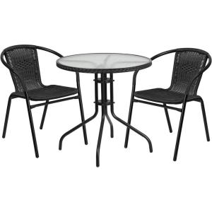 Flash Furniture 3-Piece Patio Dining Set with Round Glass Metal Table and 2 Stackable Rattan Chairs, Indoor/Outdoor Bistro Table and Chairs Set, Gray(Clear/Black)