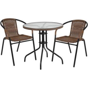 Flash Furniture 3-Piece Patio Dining Set with Round Glass Metal Table and 2 Stackable Rattan Chairs, Indoor/Outdoor Bistro Table and Chairs Set, Gray(Clear/Dark Brown)