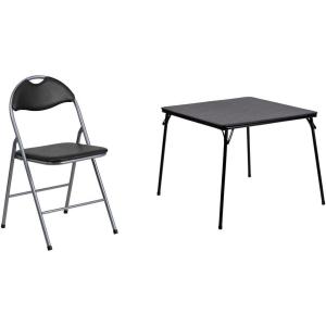 Flash Furniture 4 Pack Hercules Series Black Vinyl Metal Folding Chair with Carrying Handle and Madelyn Folding Card Table – Black | Portable Square Table with Collapsible Legs
