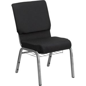 Flash Furniture 4 Pk. HERCULES Series 18.5”W Church Chair in Black Patterned Fabric with Cup Book Rack – Silver Vein Frame(Black Patterned Fabric/Silver Vein Frame)