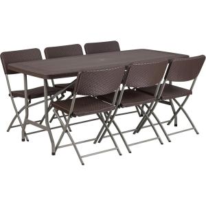 Flash Furniture 5.62-Foot Brown Rattan Indoor-Outdoor Plastic Folding Table Set with 6 Chairs
