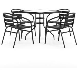 Flash Furniture 5-Piece Patio Dining Set with 31.5″ Square Glass Metal Table and 4 Stackable Slat Back Chairs, Indoor/Outdoor Bistro Set, Black(Black)