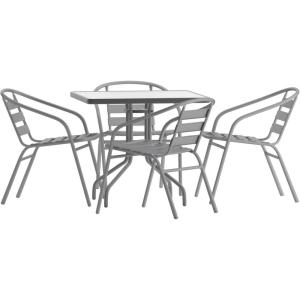 Flash Furniture 5-Piece Patio Dining Set with 31.5″ Square Glass Metal Table and 4 Stackable Slat Back Chairs, Indoor/Outdoor Bistro Set, Black(Silver)