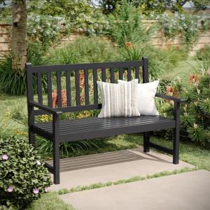 Flash Furniture Adele Commercial Indoor/Outdoor Acacia Wood Bench, 2-Person Slatted Patio Loveseat, for Use in Yard, Garden, Porch, or Park, Black(Black)