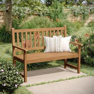 Flash Furniture Adele Commercial Indoor/Outdoor Acacia Wood Bench, 2-Person Slatted Patio Loveseat, for Use in Yard, Garden, Porch, or Park, Black(Brown)