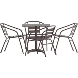 Flash Furniture Aluminum 5-Piece Patio Dining Set with Square Table and 4 Slat Back Chairs, Indoor/Outdoor Bistro Table and Chairs Set, Silver(Bronze)
