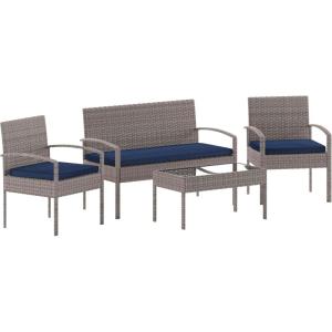 Flash Furniture Aransas Series 4 Piece Brown Patio Set with Steel Frame and Beige Cushions(Light Gray/Navy)