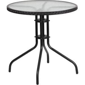 Flash Furniture Barker 28” Round Tempered Glass Metal Table with Gray Rattan Edging(Clear/Black Rattan)