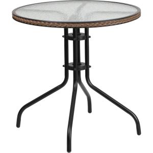 Flash Furniture Barker 28” Round Tempered Glass Metal Table with Gray Rattan Edging(Clear/Dark Brown Rattan)