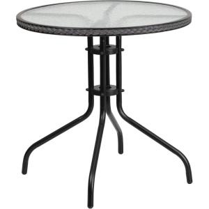 Flash Furniture Barker 28” Round Tempered Glass Metal Table with Gray Rattan Edging(Clear/Gray Rattan)